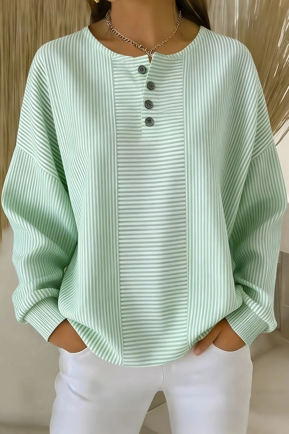 Casual Striped Printing Loose Cozy Waffle Sweatshirt