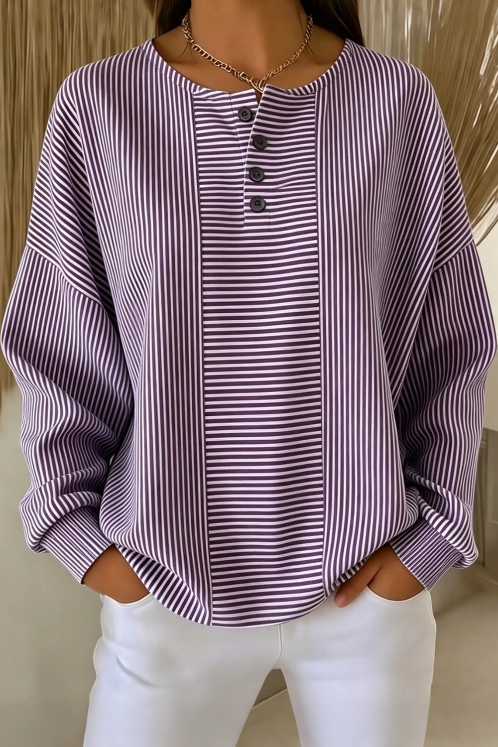 Casual Striped Printing Loose Cozy Waffle Sweatshirt