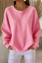 Women's  Casual Plain Crew Neck Waffle Sweatshirt