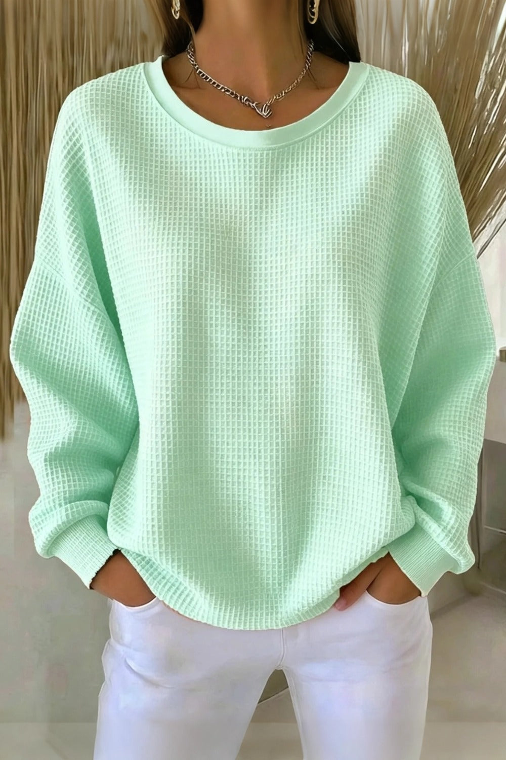 Women's  Casual Plain Crew Neck Waffle Sweatshirt