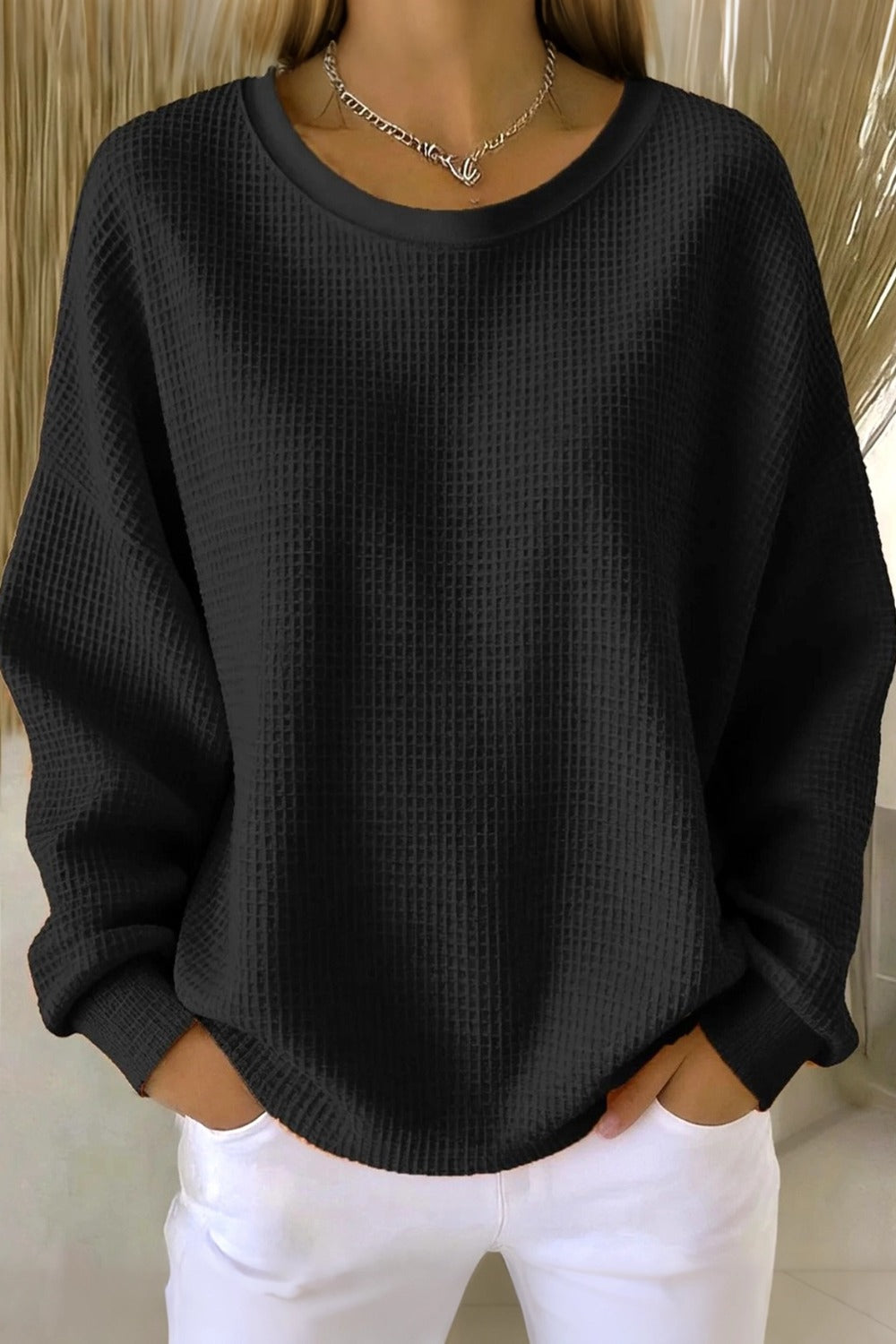 Women's  Casual Plain Crew Neck Waffle Sweatshirt