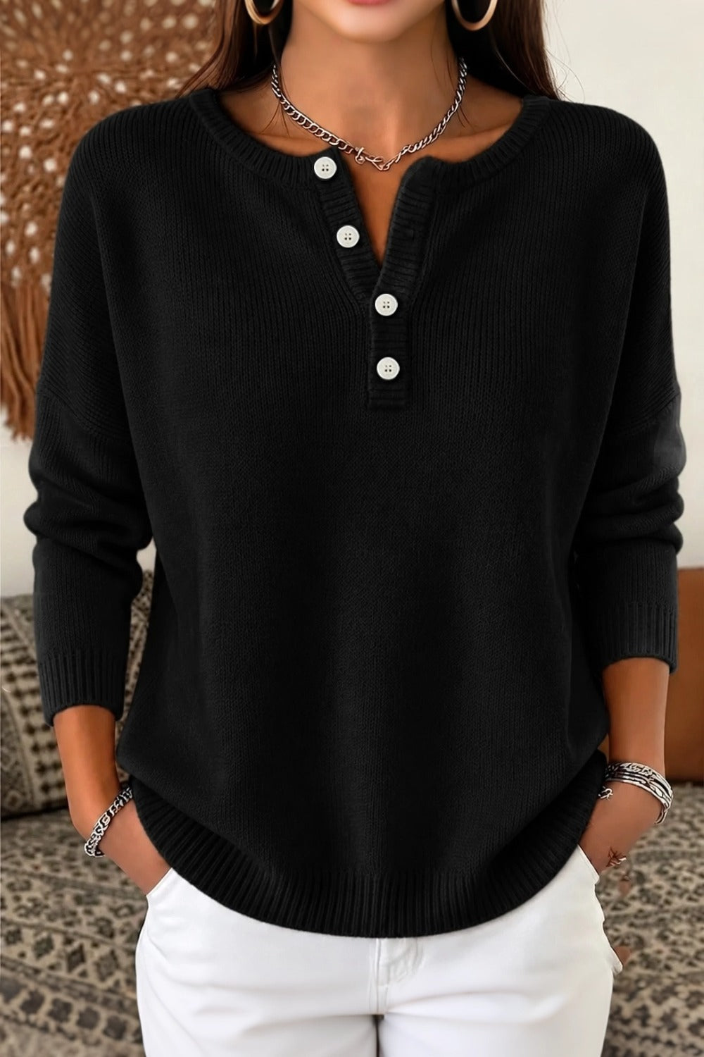 Vintage Plain Henley Collar Long Sleeve Sweater