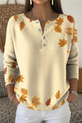 Women Casual Vintage Maple Leaf Henley Collar Long Sleeve  Sweater