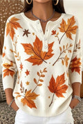 Women Vintage Maple Leaf Henley Collar Long Sleeve  Sweater