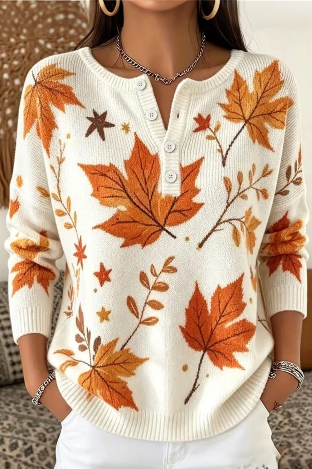 Women Vintage Maple Leaf Henley Collar Long Sleeve  Sweater
