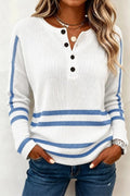 Women Casual Striped Henley Collar Long Sleeve  Sweater