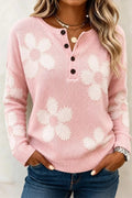 Women Casual Floral Henley Collar Long Sleeve  Sweater