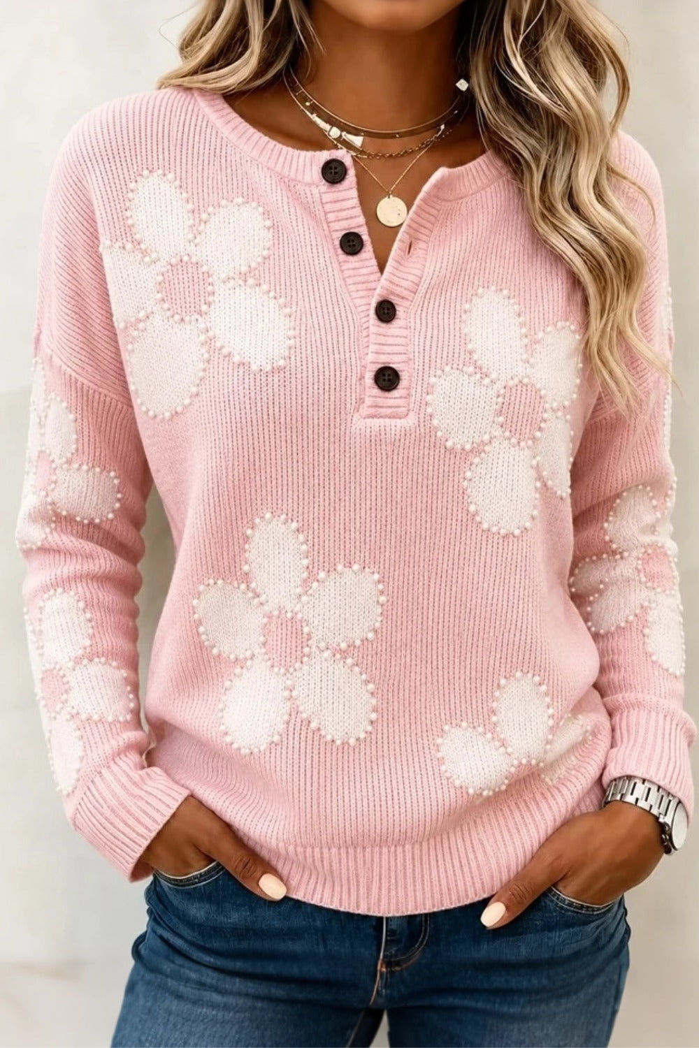 Women Casual Floral Henley Collar Long Sleeve  Sweater
