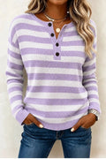 Casual Striped Henley Collar Long Sleeve Sweater