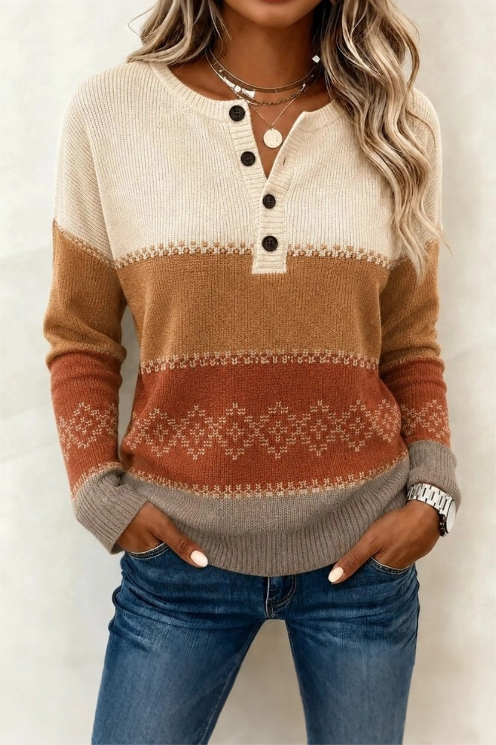 Casual Geometric Henley Collar Long Sleeve Sweater