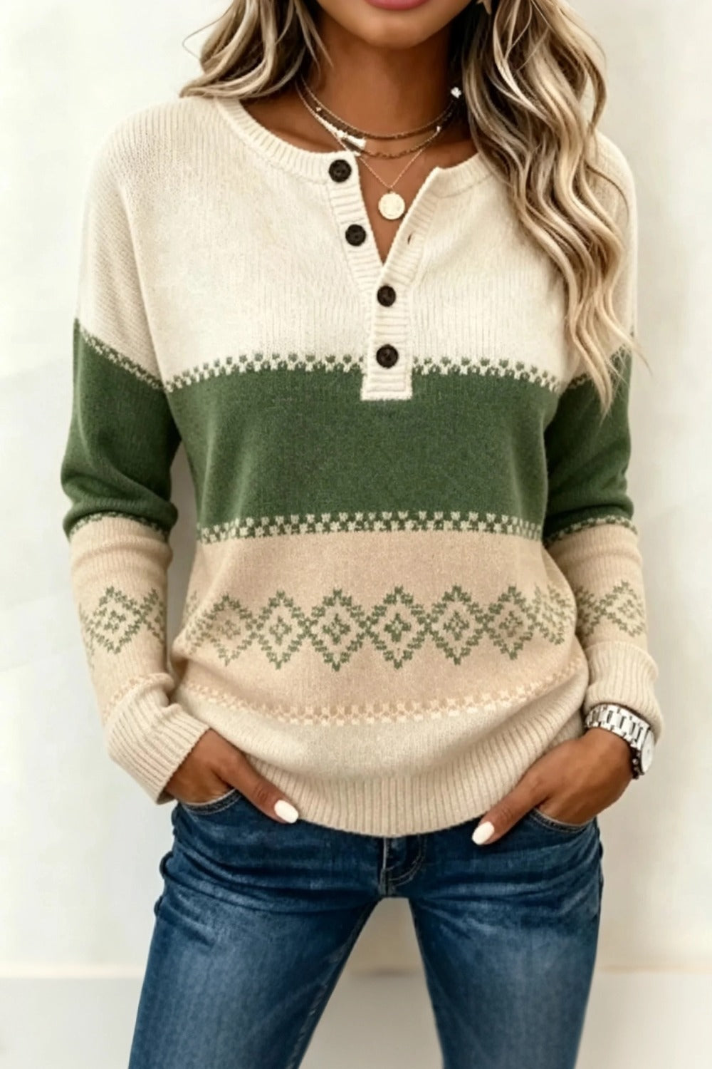 Casual Geometric Henley Collar Long Sleeve Sweater