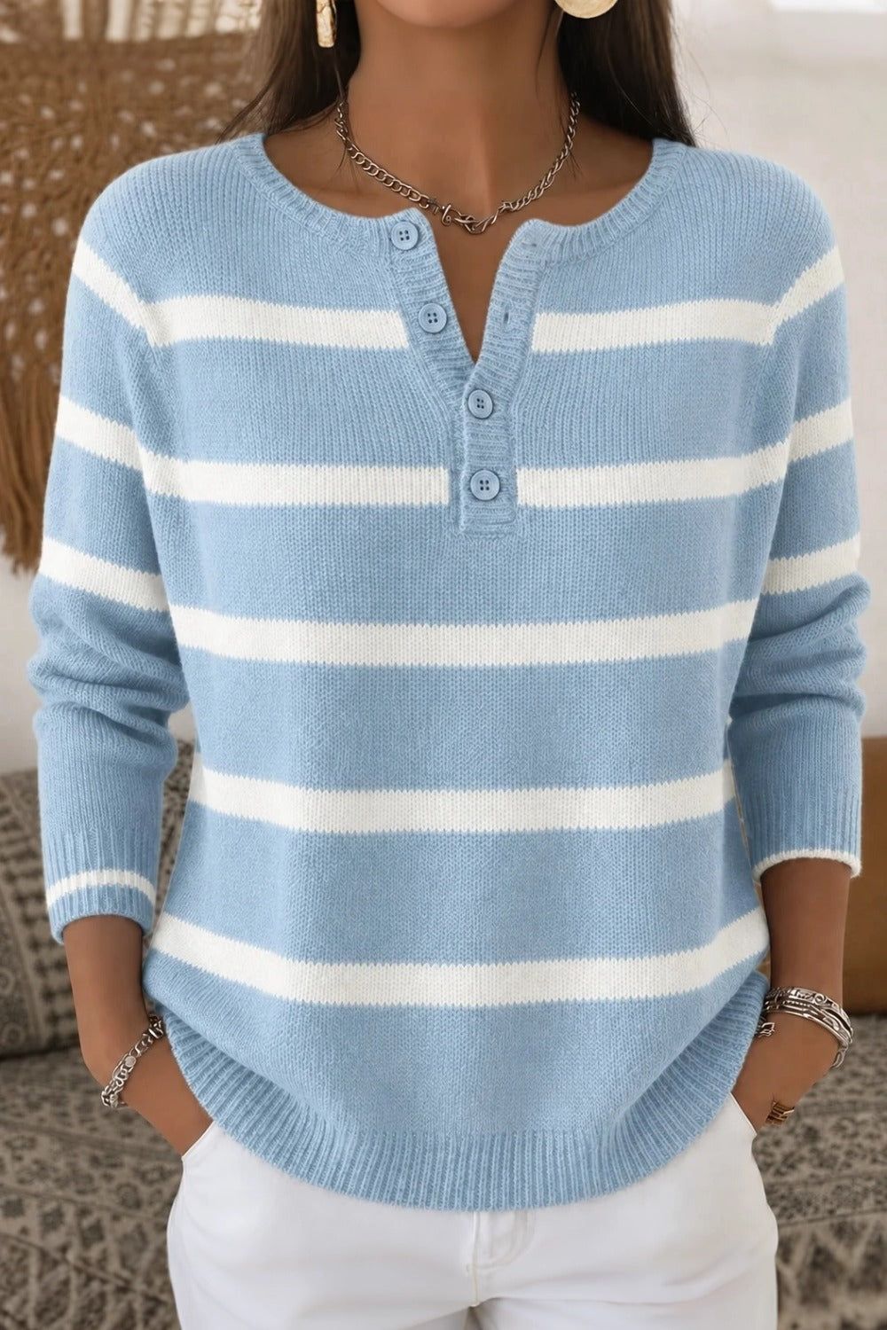 Women Imitation Cashmere Striped Long Sleeve Comfy Vintage Sweater
