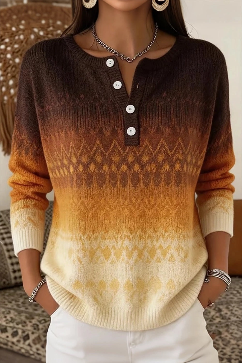 Women Vintage Ethnic Henley Collar Long Sleeve Sweater
