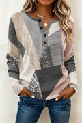 Women Casual Geometric Henley Collar Long Sleeve Sweater