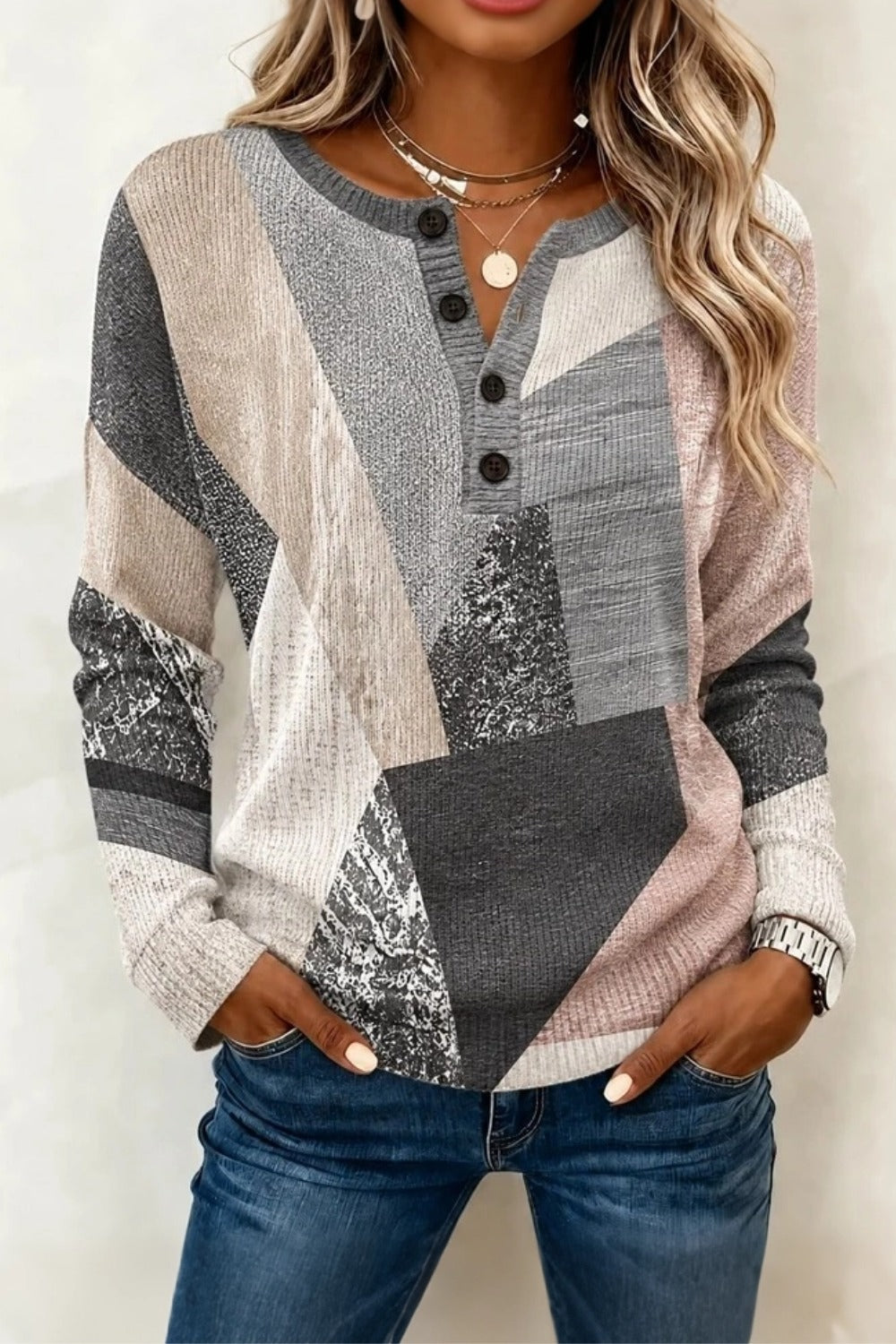 Women Casual Geometric Henley Collar Long Sleeve Sweater