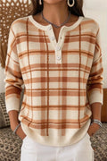 Women Casual Vintage Plaid Henley Collar Long Sleeve  Sweater