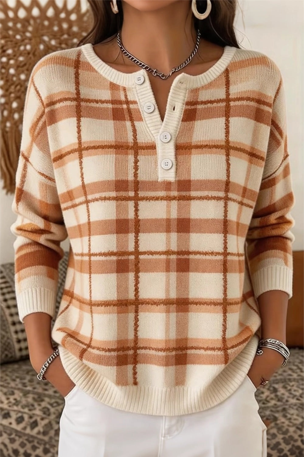 Women Casual Vintage Plaid Henley Collar Long Sleeve  Sweater