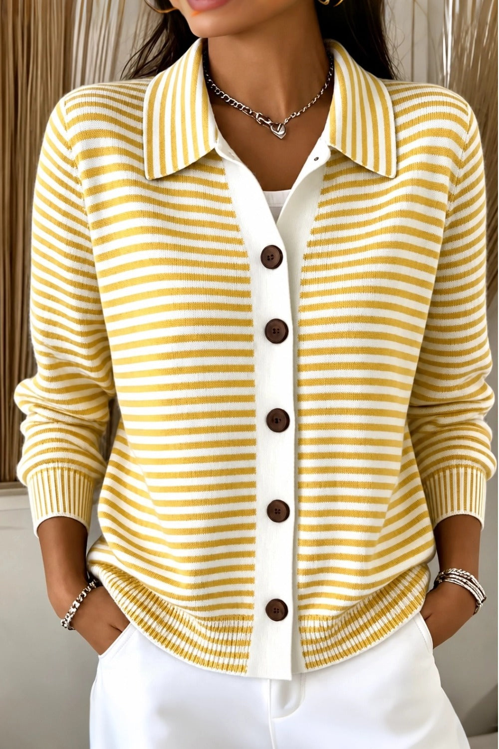 Women Regular Fit Striped Casual Knit Plain Comfy Cardigan