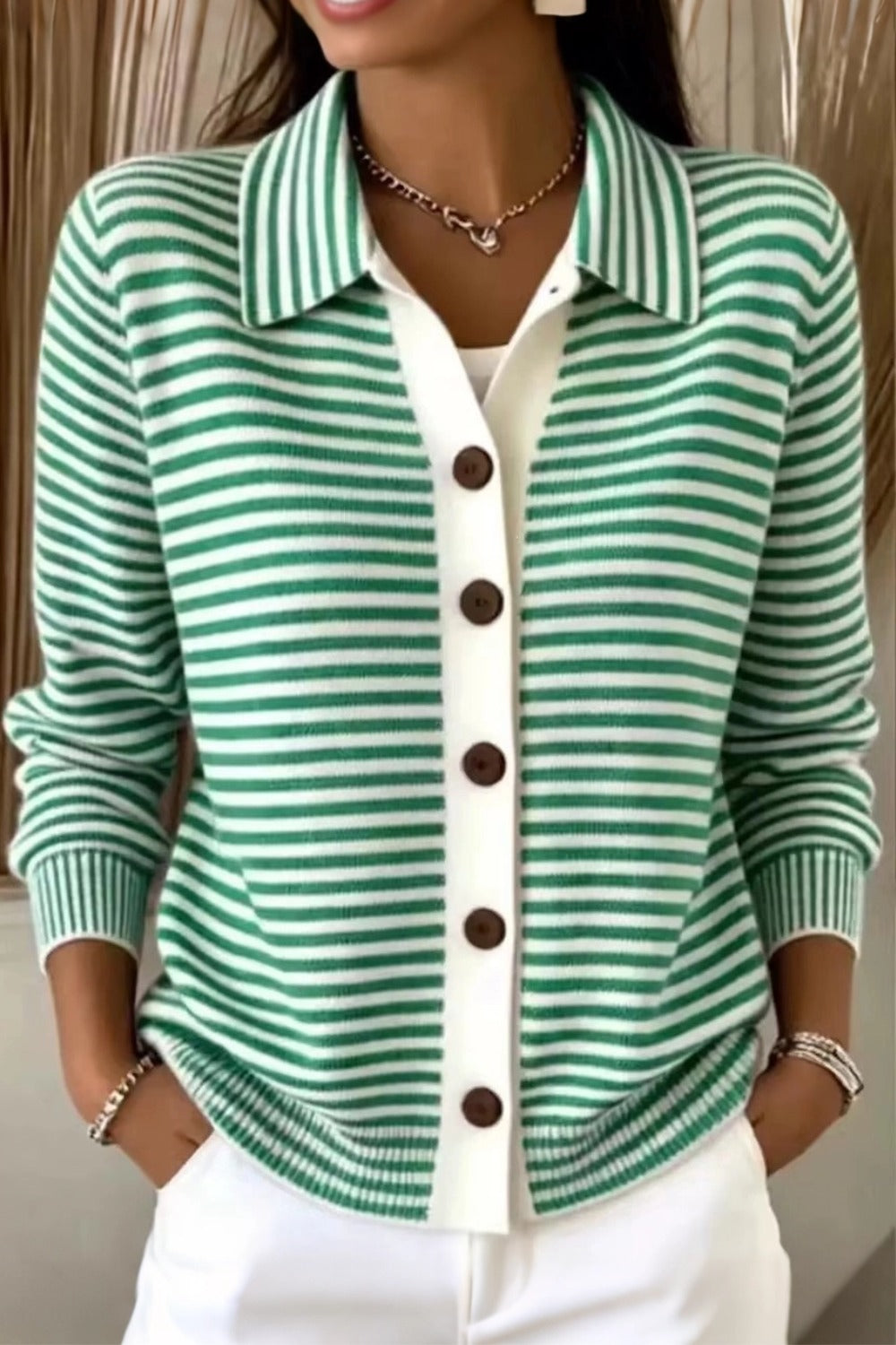 Women Regular Fit Striped Casual Knit Plain Comfy Cardigan