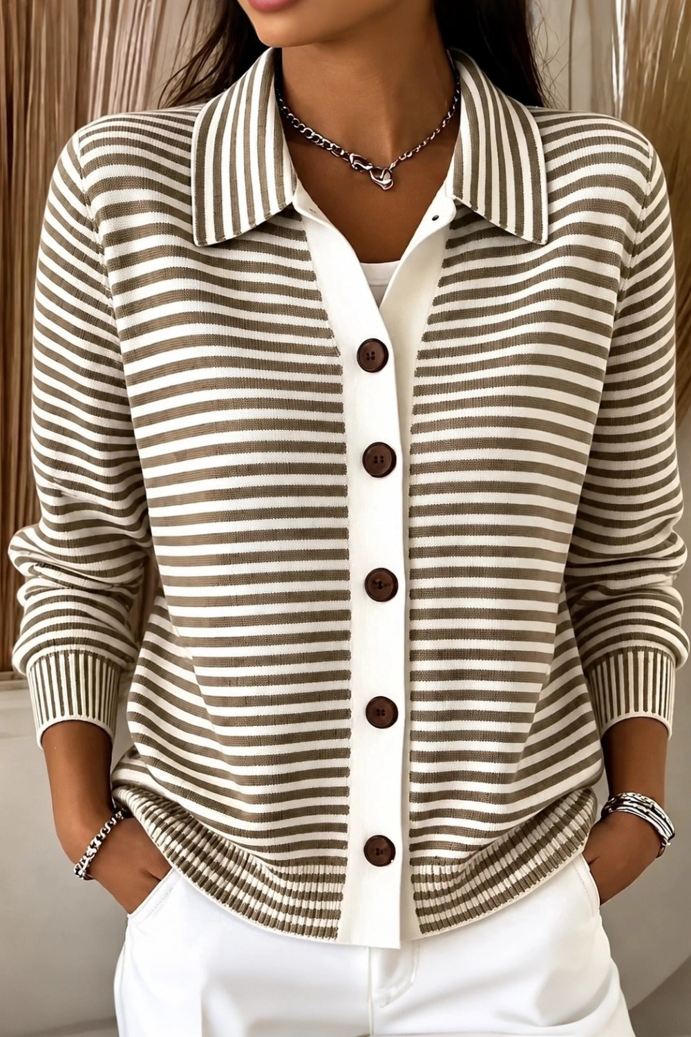 Women Regular Fit Striped Casual Knit Plain Comfy Cardigan