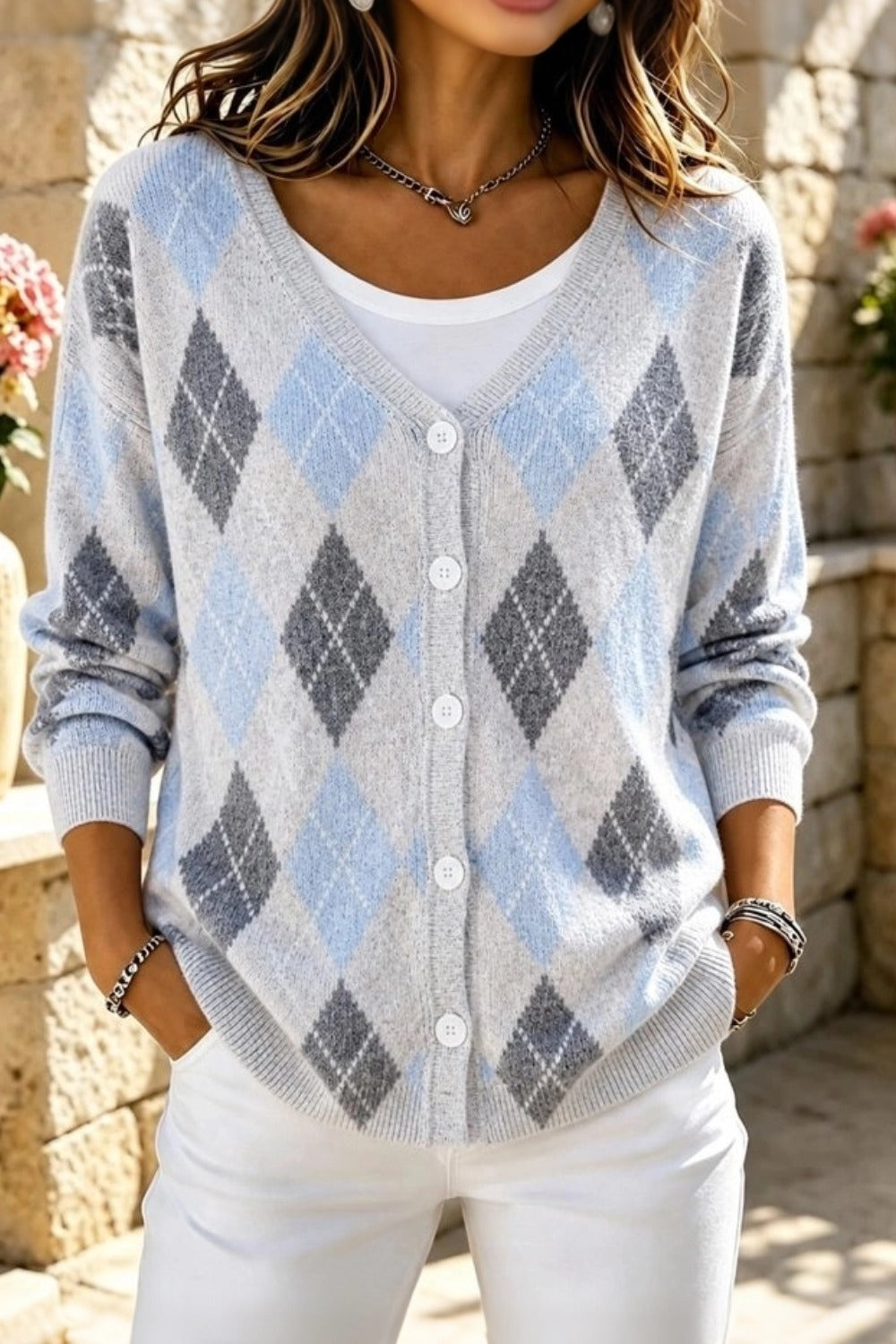 Women Geometric Long Sleeve Comfy Casual Cardigan
