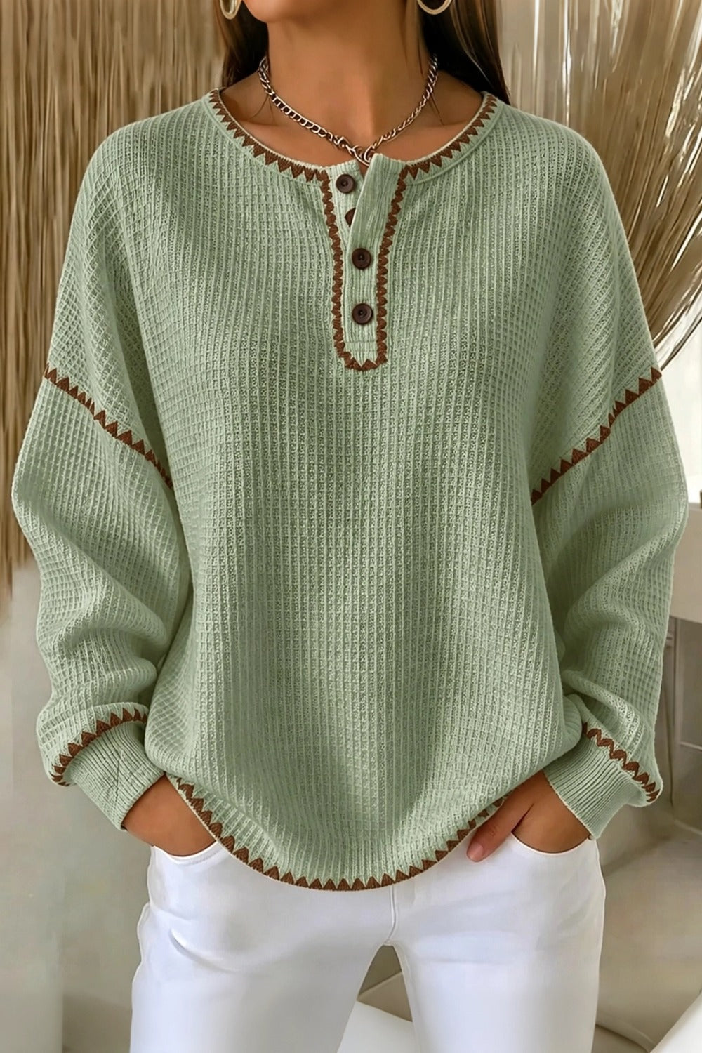 Women Casual Color Block Henley Collar Long Sleeve Sweatshirt