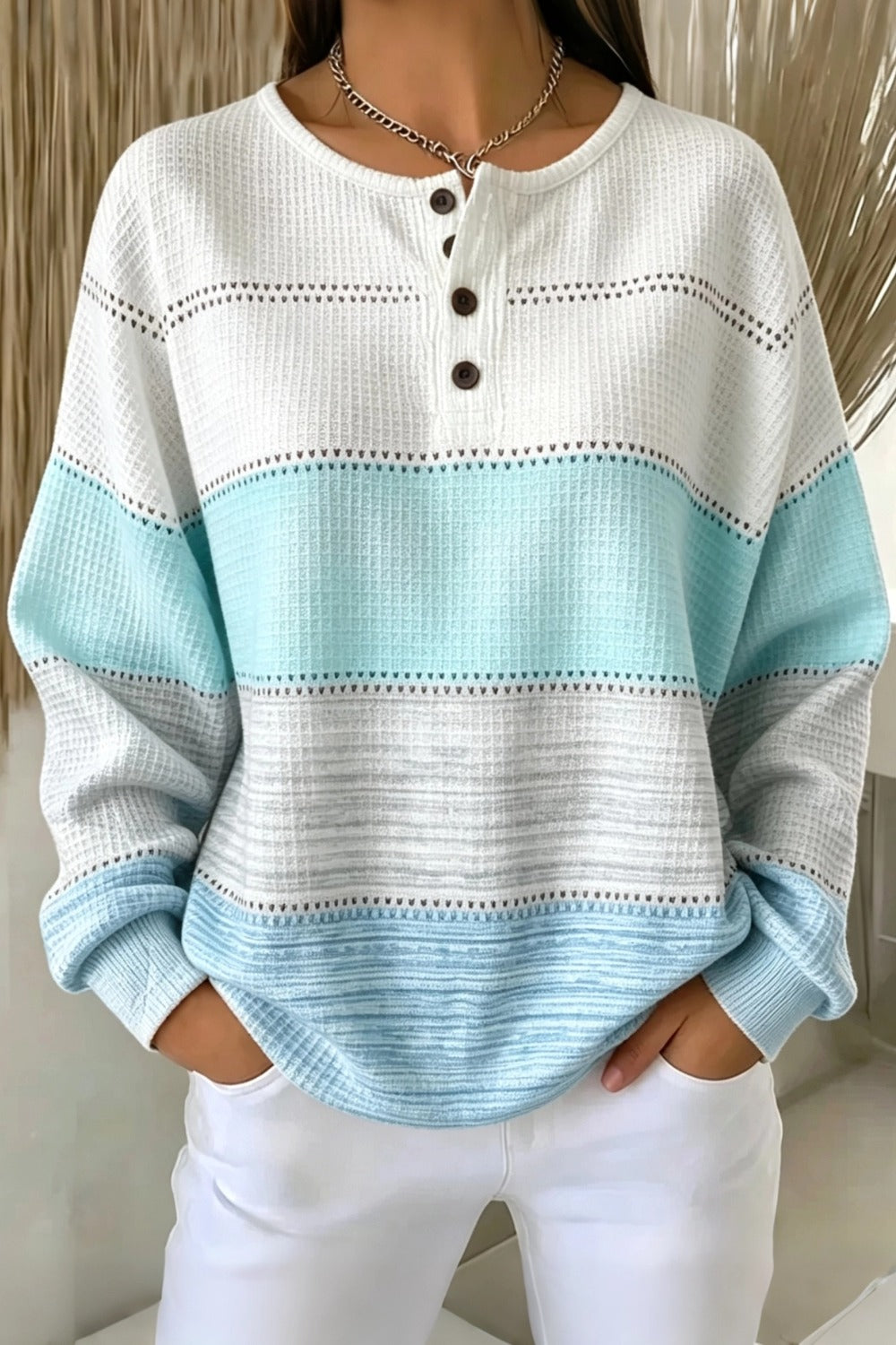 Women Casual Abstract Henley Collar Long Sleeve Sweatshirt