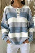 Women Casual Striped Henley Collar Long Sleeve Sweatshirt