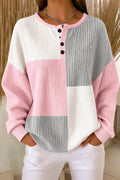 Women Casual Abstract Henley Collar Long Sleeve Pink Sweatshirt