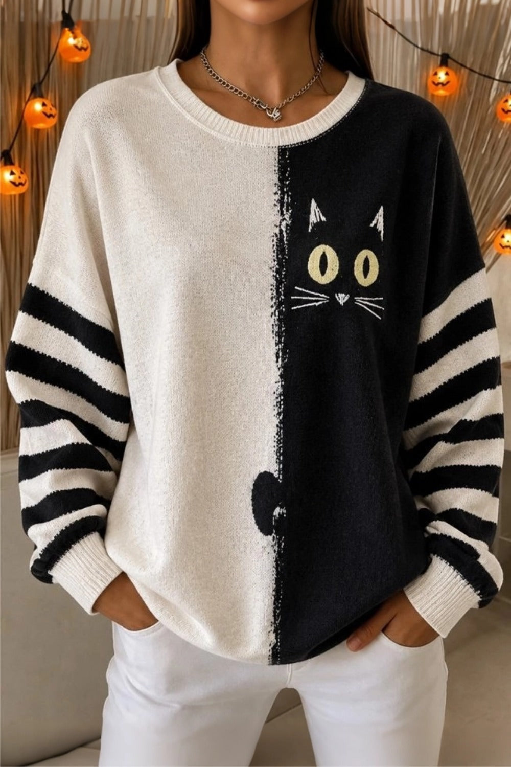 Women Casual Striped Crew Neck Long Sleeve Sweater