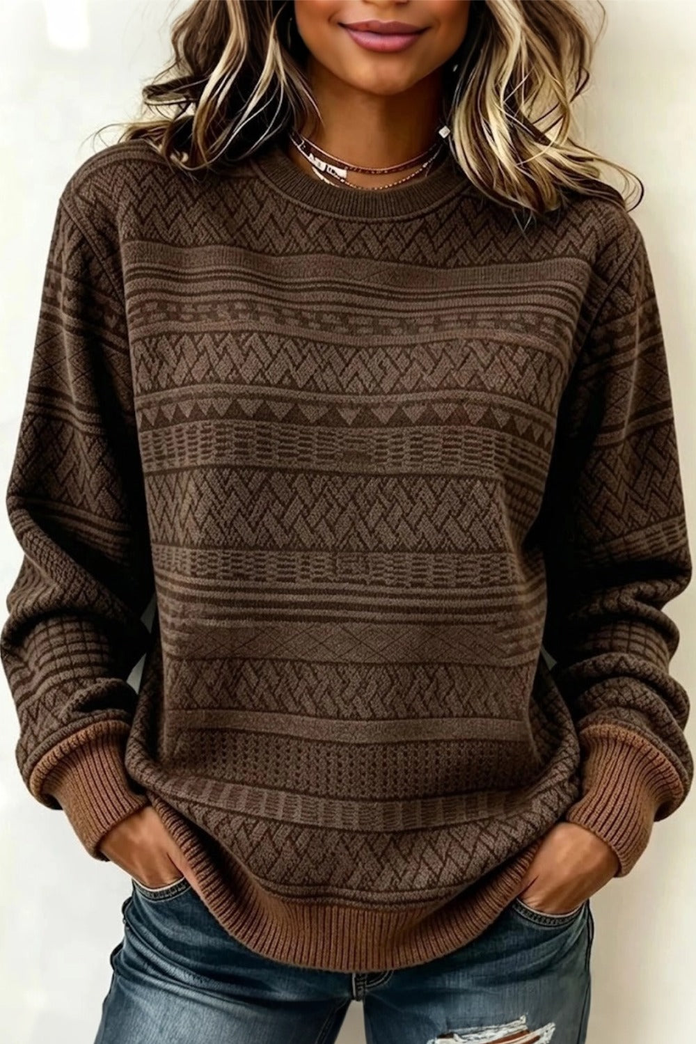 Women Casual Abstract Crew Neck Long Sleeve Sweater