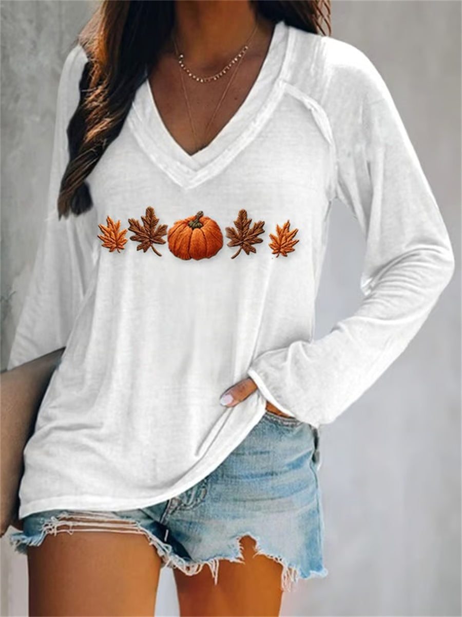Women's Autumn Maple Leaf Pumpkin Print V-neck Long Sleeve T-Shirt