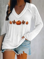 Women's Autumn Maple Leaf Pumpkin Print V-neck Long Sleeve T-Shirt