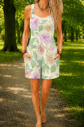 Women’s Light Green Botanical Floral Print Casual Cotton Wide Leg Romper