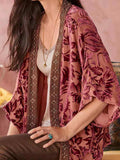 Velvet Floral Pattern Open Front 3/4 Sleeve Kimono