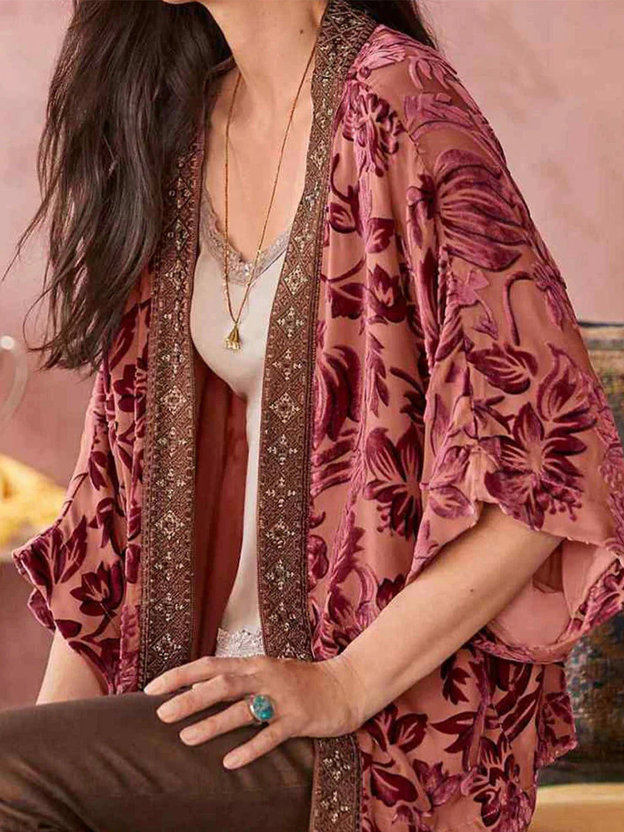 Velvet Floral Pattern Open Front 3/4 Sleeve Kimono