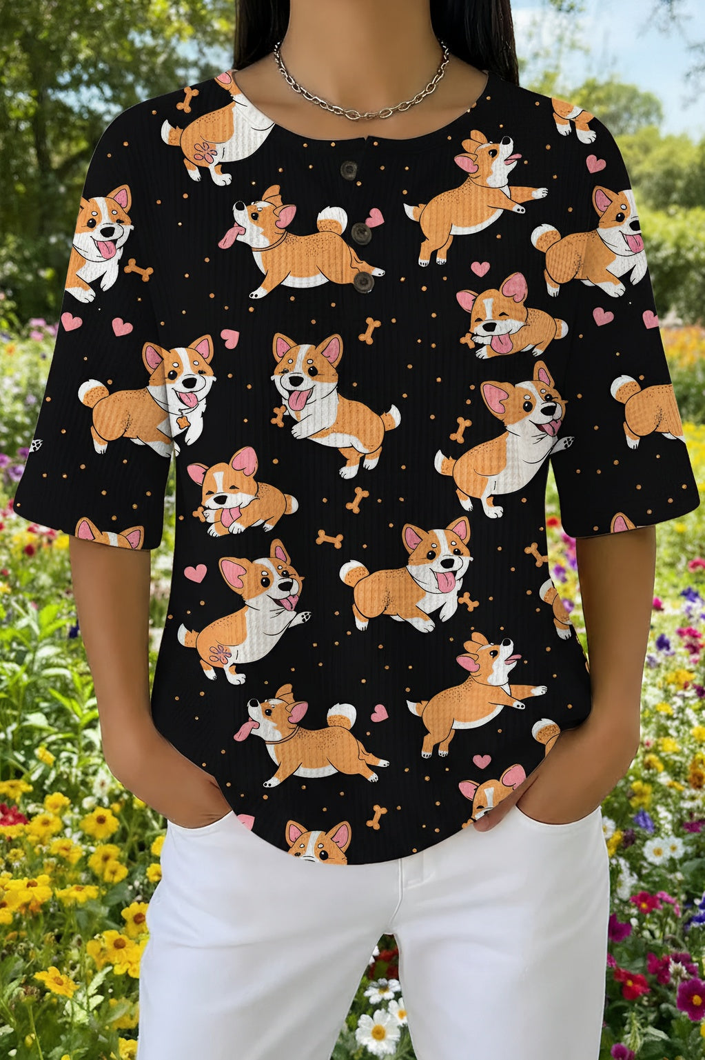 Womens Black All-Over Corgi Print Casual Shirt