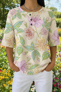 Womens Cream Watercolor Floral Print Casual Shirt