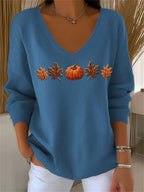 Women's Casual Autumn Maple Leaf Pumpkin Striped Long Sleeve V-Neck Top