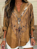 Vintage Ethnic Print V-neck Long Sleeve Blouse