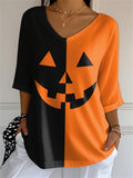 Women's Casual Pumpkin Expression V-neck 3/4 Sleeve Bubble Wrinkle Top