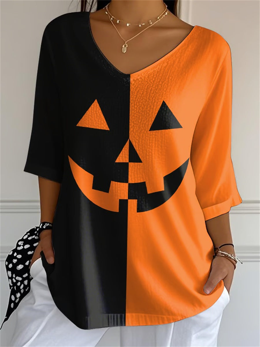 Women's Casual Pumpkin Expression V-neck 3/4 Sleeve Bubble Wrinkle Top