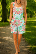 Women’s Mint Pink Tropical Floral Print Casual Cotton Wide Leg Romper