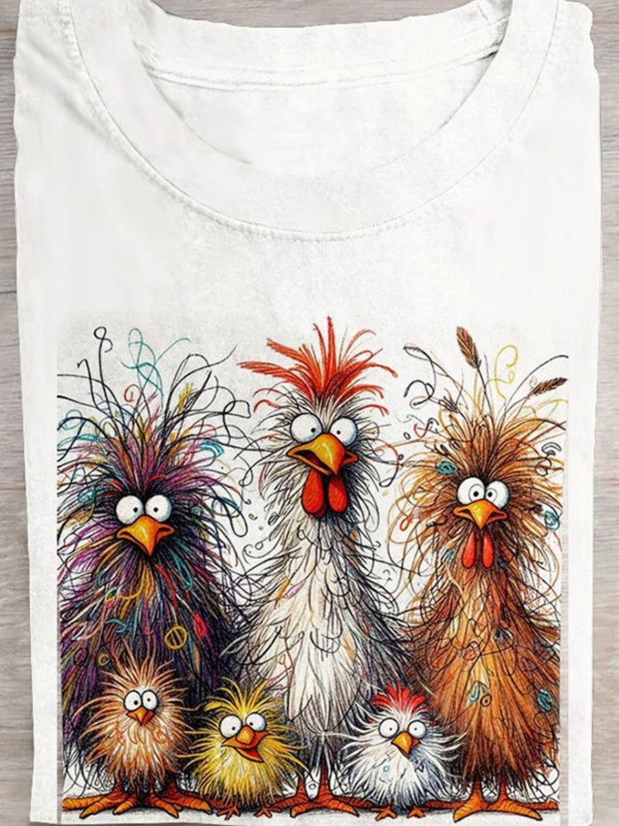 Fashion Casual Cute Chicken Animal Pattern Crew Neck Short Sleeve Cotton T-Shirt