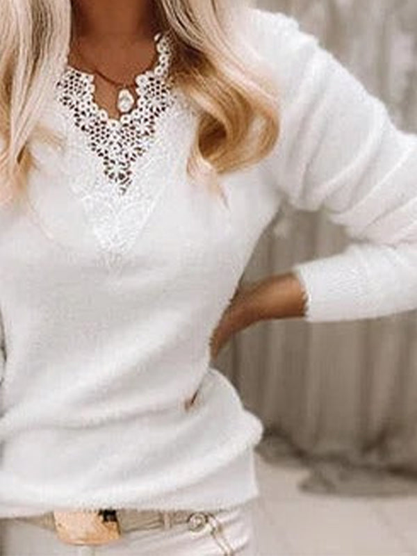 White Casual Tops V-neck Long Sleeve Solid Sweater