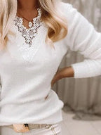 White Casual Tops V-neck Long Sleeve Solid Sweater