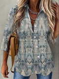 Gray Casual V Neck Printed Long Sleeve Blouse