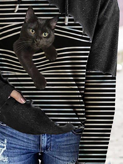 Black Cat Print Patchwork Striped Long Sleeve Hooded Sweatshirt