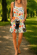Women’s White Colorful Cat Print Casual Cotton Wide Leg Romper