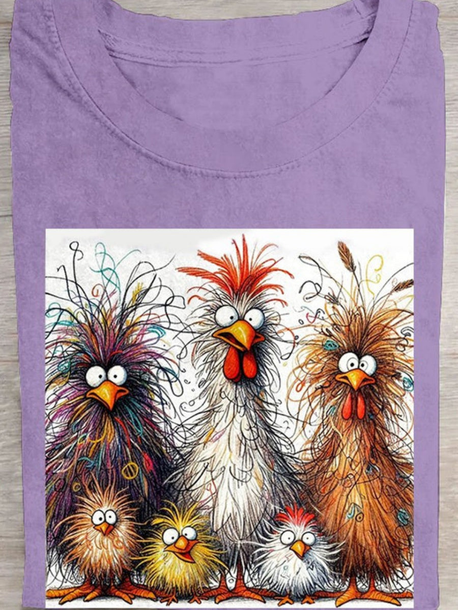 Fashion Casual Cute Chicken Animal Pattern Crew Neck Short Sleeve Cotton T-Shirt